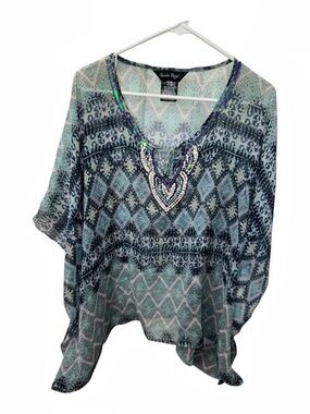 Charlie Paige Geometric Embellished Tunic Blue & Gray S/M Like New